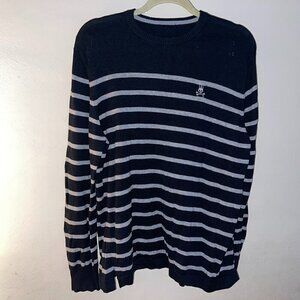 Psycho Bunny Black/Gray striped long sleeve crewneck sweater cotton Men's Large